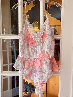 Vintage Lucie Ann II Floral Teddy Bodysuit SZ Petite Lace Trim Ruffle USA